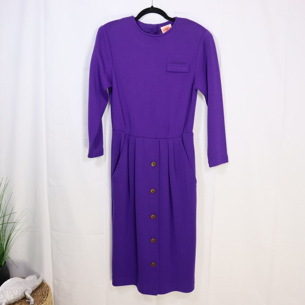 Vintage Neiman Marcus 100% Wool Midi Dress Purple Size 10‎